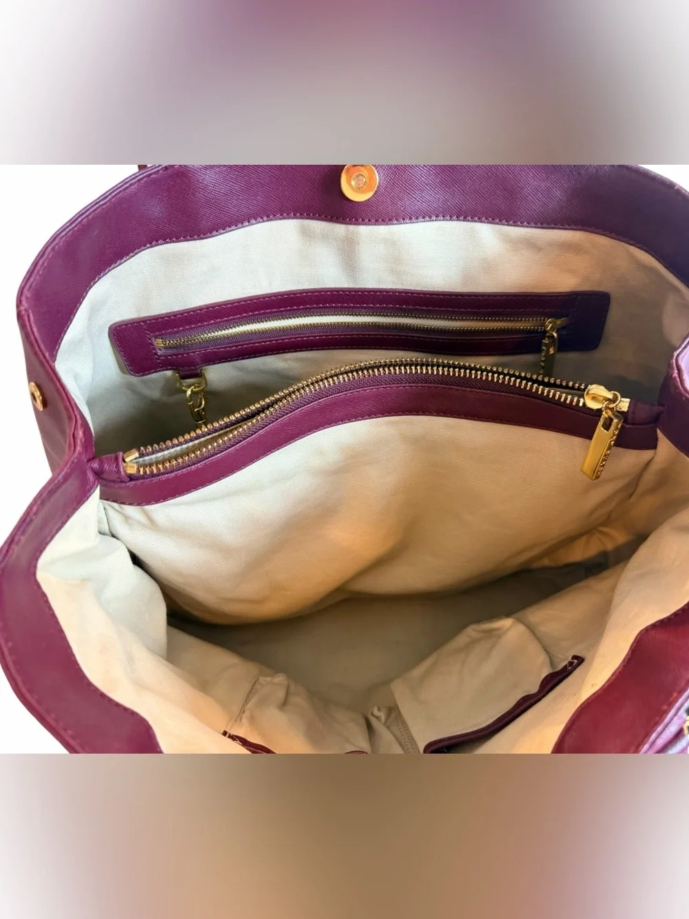 Tory Burch Burgundy Pebbled Leather Tote Gold Hardware Zip Top Bag